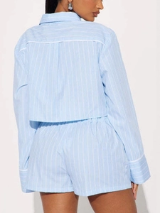 Women's light blue striped two-piece casual set with long sleeve shirt and matching shorts