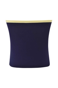 Detail of navy blue and beige contrast strapless tube top with elastic knit texture