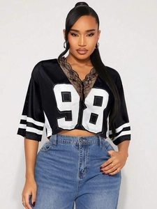 Haut sport en mesh noir pour femme avec imprimé 98 et décolleté en V en dentelle chic