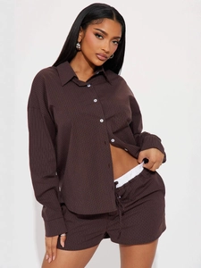 Women's brown striped two-piece set with long sleeve button shirt and shorts