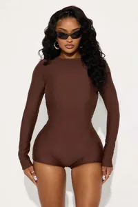 Close-up of the dark brown high-elastic long sleeve bodysuit with crew neck design