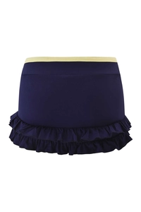 Navy blue mini skirt with light yellow contrast waist and tiered double ruffles