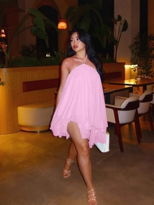 Pink halter backless mini dress with layered ruffle hem for women's summer parties