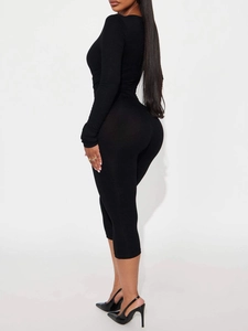 Bodysuit noir à manches longues pour femme avec coupe ajustée et haute élasticité
