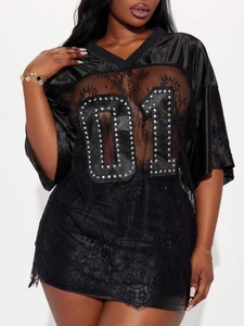 Women's black lace mesh V-neck top with rhinestone number 01 print and loose street style