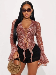 Women Sexy Animal Print Mesh Top Long Flare Sleeve V-Neck Lace-Up Ruffle Slim Fit Leopard Zebra Pattern Streetwear Blouse