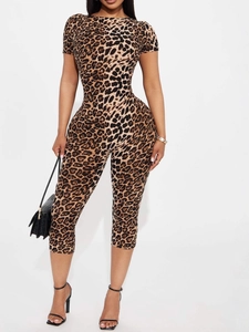 Fashionable leopard print short sleeve bodycon jumpsuit for women featuring round neck design