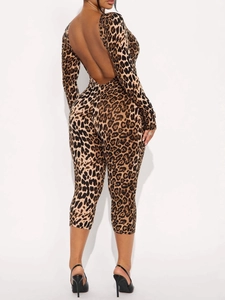 Women's leopard print slim fit bodysuit with long sleeves and open back design