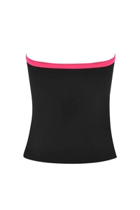 Close-up of black strapless tube top featuring vibrant neon pink contrast trim and elastic fabric