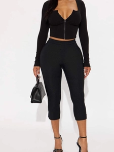 Women's black rib-knit V-neck zip-up top and high-waisted leggings slim fit sports set
