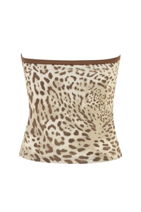 Close-up of leopard print tube top with brown elastic edging and premium knit texture