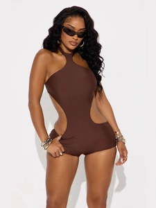 Tuta Donna Sexy Halter Neck Cut Out Schiena Scoperta Slim Fit Romper Tinta Unita Senza Maniche Pantaloncini Streetwear