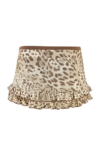 Detail of leopard print mini skirt with ruffled hem and branded elastic waistband