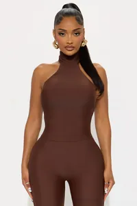 Detail of chocolate brown halter neck sleeveless bodysuit with glossy elastic fabric