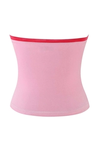 Detailed view of pink tube top with red trim showing stretchy fabric and slimming silhouette