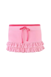 Detail view of pink velvet mini skirt with ruffled hem and matching drawstring tie