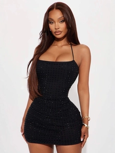Women Sexy Halter Neck Rhinestone Mini Dress Backless Sleeveless Slim Fit Party Bodycon Dress For Night Out Clubwear