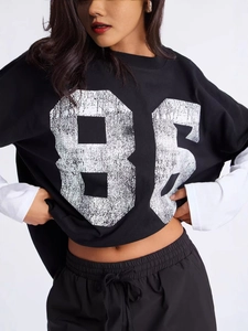 Women's streetwear patchwork long sleeve tee with vintage graphic print and baggy fit