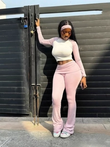 Ensemble Sport Décontracté Trois Pièces pour Femmes T-Shirt Manches Longues Raglan Pantalon Évasé et Bandeau de Sport