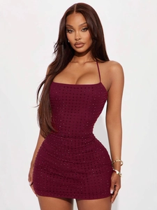 Sparkling burgundy backless bodycon mini dress with rhinestones and halter neckline