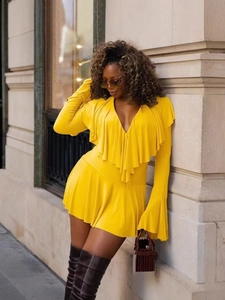 Women Elegant Ruffle V-Neck Long Sleeve Dress Solid Color Slim Fit Flare Sleeve Mini Party Dress Fall Fashion