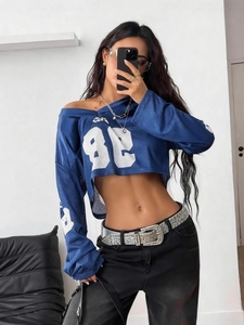 Blaues kurzes Langarm-Trikot mit weißem Nummer-82-Aufdruck und Mesh-Stoff-Design