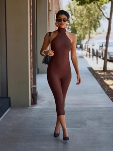 Women's Sexy Halter Neck Backless Jumpsuit Slim Fit Sleeveless Solid Color Cropped Jumpsuit Romper Streetwear Fashion