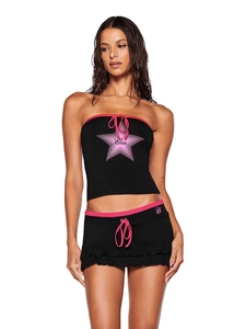 Fashionable two-piece set featuring a black tube top with star print and a low-waist mini skirt