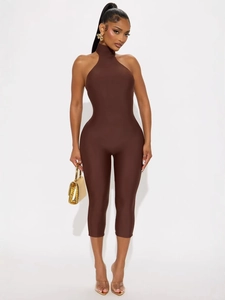 Deep brown halter neck backless jumpsuit for women with slim fit sleeveless design
