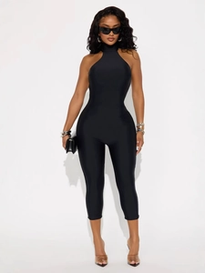 Sexy black halter neck backless jumpsuit with high-elastic slim fit and sleeveless design