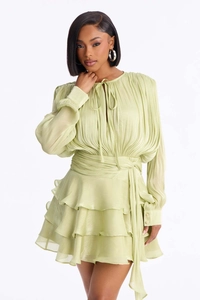 Detail of mint green tiered mini dress with pleated fabric and ruffled hemline