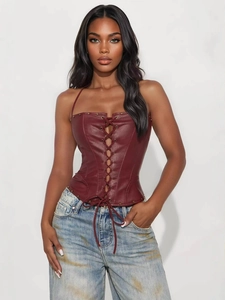 Chic dark red faux leather lace-up corset top with slim straps and metal eyelets