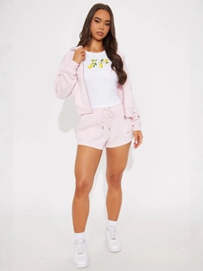 Damen 3-teiliges rosa Freizeit-Set mit Hoodie, T-Shirt mit Zitronenprint und Shorts