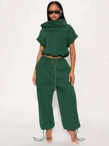Ensemble Femme Décontracté Manches Courtes Col Bénitier Sweat à Capuche Court Et Pantalon de Jogging Taille Haute Cordon Streetwear