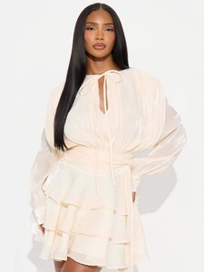 French Style Long Sleeve Tiered Mini Dress For Women Elegant Pleated Mercerized Satin Look Party Dress With Tie Neck