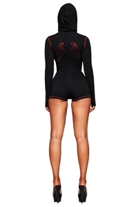 Detail of red rhinestone devil wings and contrast stitching on black hooded jumpsuit