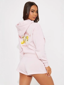 Rosa Lounge-Set mit Kapuzenpullover mit Zitronen-Print und passenden Shorts für Damen