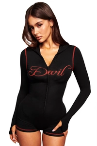 Detail of hooded black romper with Devil print, red stitching and thumbhole sleeves