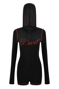 Detail of black hooded romper with red Devil print and contrast stitching accents
