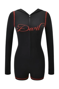 Detail of black hooded romper with red Devil print and contrast stitching accents