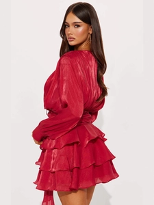 Elegant wine red tiered ruffle mini dress with long lantern sleeves and pleated texture