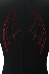 Detail of red rhinestone wing pattern on back of black slim-fit zip hooded jumpsuit