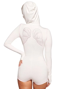 Detail view of pink wing print and contrast stitching on white hooded long-sleeve romper
