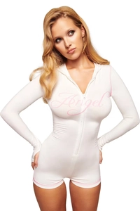 Detailed shot of white hooded romper with pink Angel print and contrast stitching