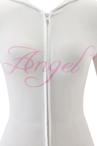 Detail of white slim-fit hoodie featuring a pink Angel graphic and front zipper