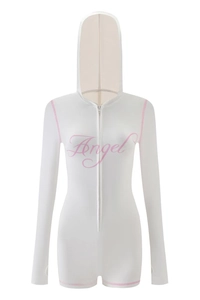 Close-up of white hooded romper with pink Angel print and contrast stitching detail