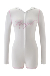 Detail of white hooded romper with pink Angel lettering and contrast stitch design
