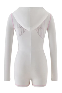Detail of Y2K white hooded romper with pink sequin wings and contrast stitching