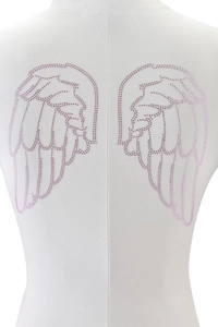 Detail of pink rhinestone wing pattern on the back of a white knit cardigan top