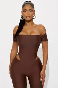 Detail of deep brown off-shoulder bodysuit with stylish waist cut-outs and short sleeves